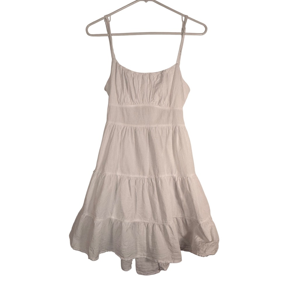 Blanco by Nature White Cotton Tiered Mini Dress Tie Back Boho Sun Dress Small